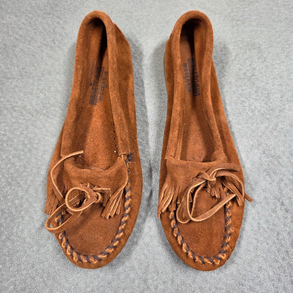 Minnetonka Kilty Fringe Moccasin Slip On Womens 10 Brown Suede Bow Accent